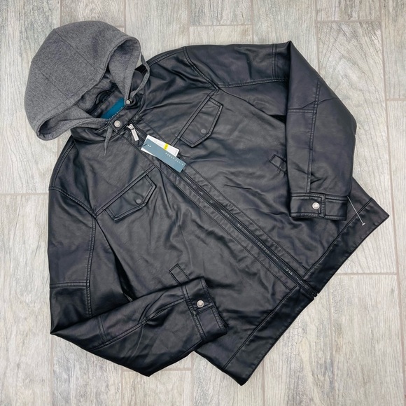NWT Perry Ellis Mens Faux Leather Jacket with Removable Hood